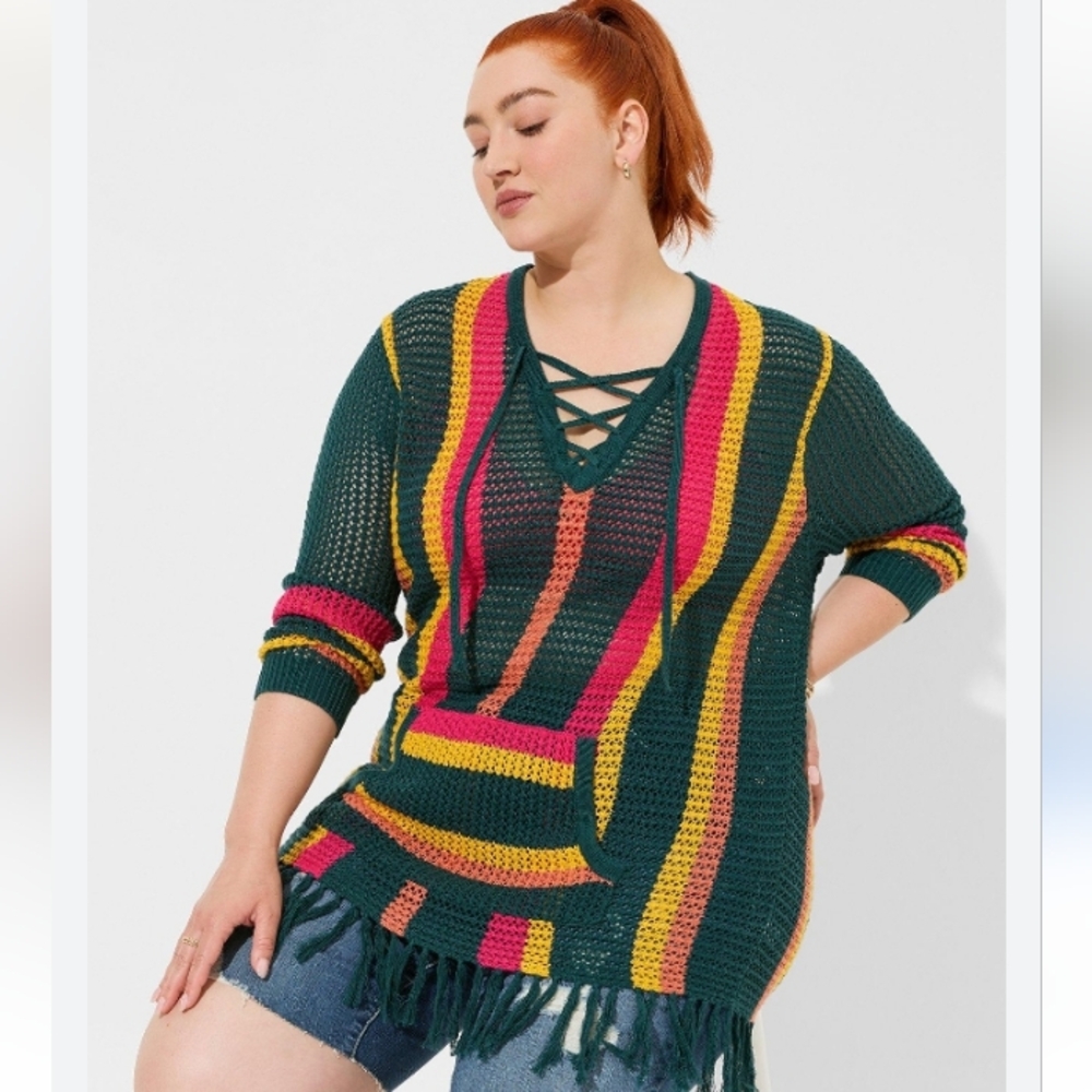 Torrid Pullover Multi-Striped V-Neck, Fringed Sweater Sz.2=18/20